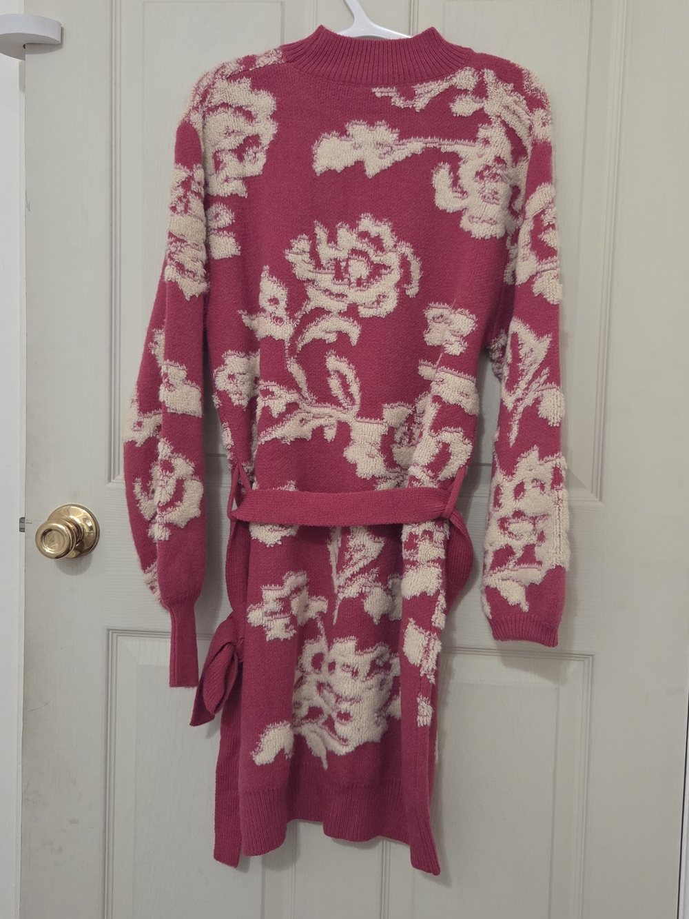 Pink Floral Knit Sweater Dress with Tie Waist - Picture 2 of 5